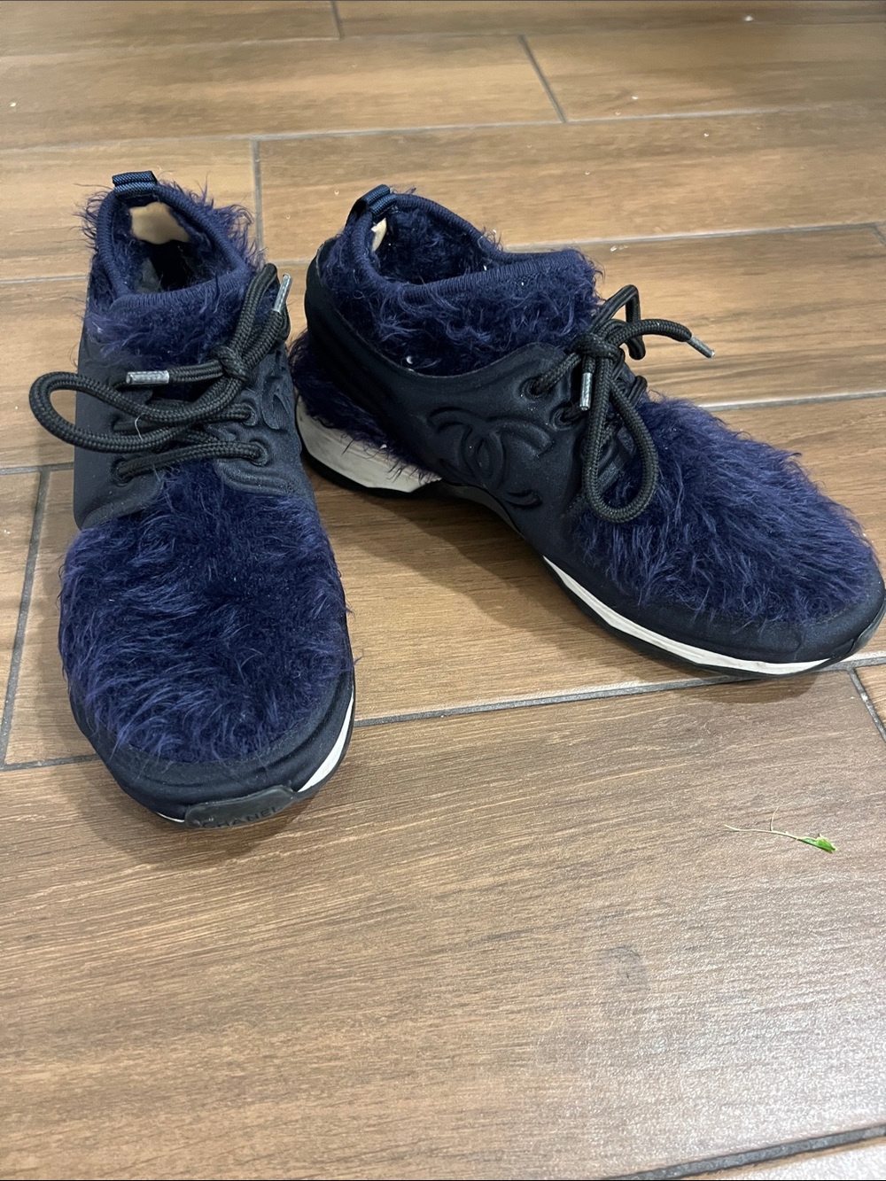 CHANEL Navy Faux Fur Lace-Up Sneakers